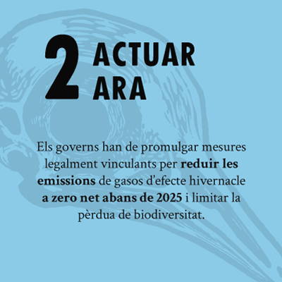ACTUAR ARA - Els governs han de promulgar mesures legalments vinvulants per reduir les emissions de gassos d'efece hivernacle a zero net abans de 2025 i limitar la perdua de biodiversitat.